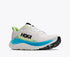 hoka clifton 11 for men, lightweight cushioned road running and walking shoes, white with lime green and blue details, side angled profile of shoe