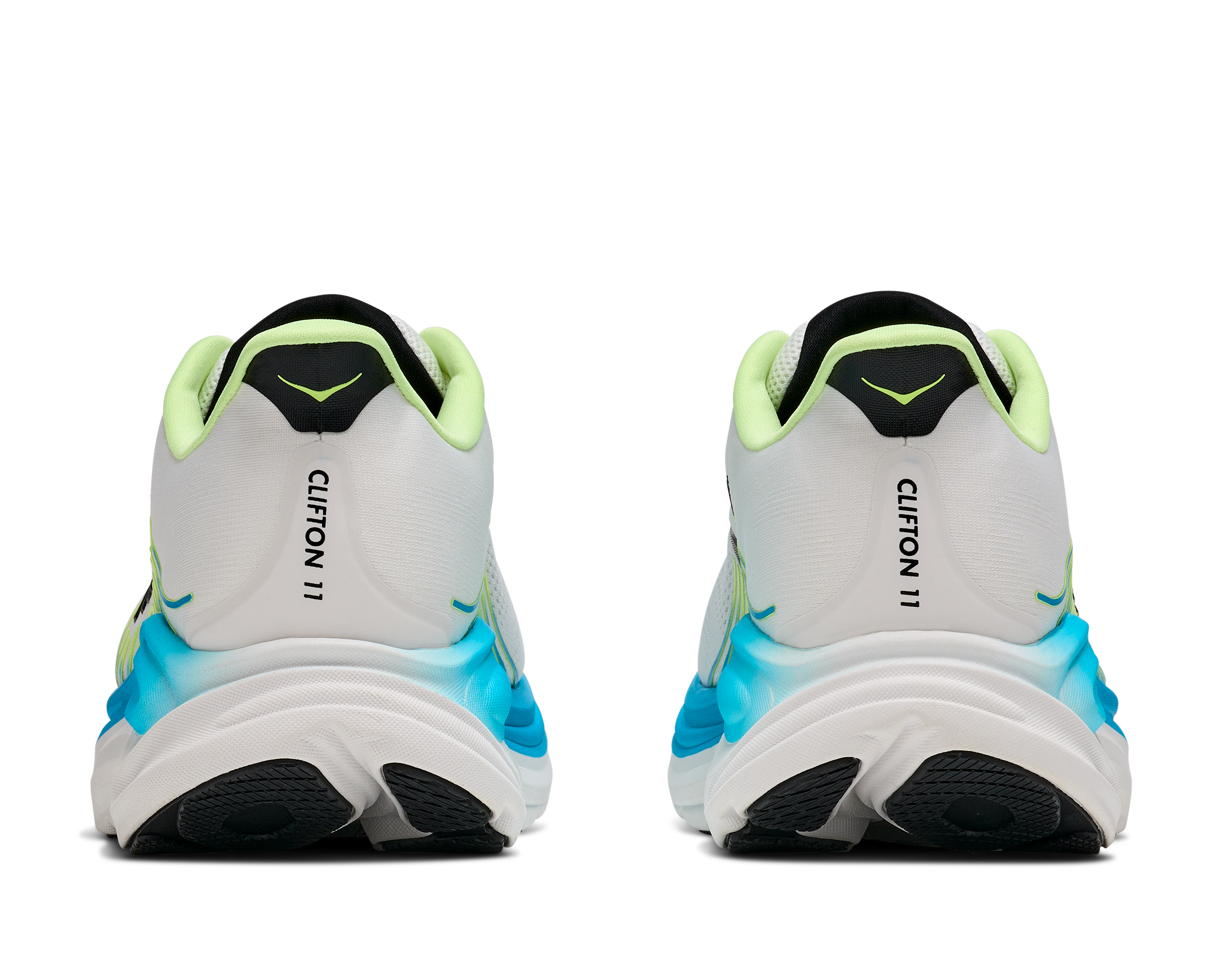 hoka clifton 11 for men, lightweight cushioned road running and walking shoes, white with lime green and blue details, heels of shoe
