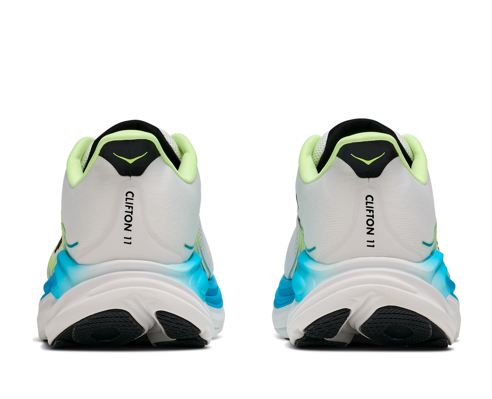 hoka clifton 11 for men, lightweight cushioned road running and walking shoes, white with lime green and blue details, heels of shoe