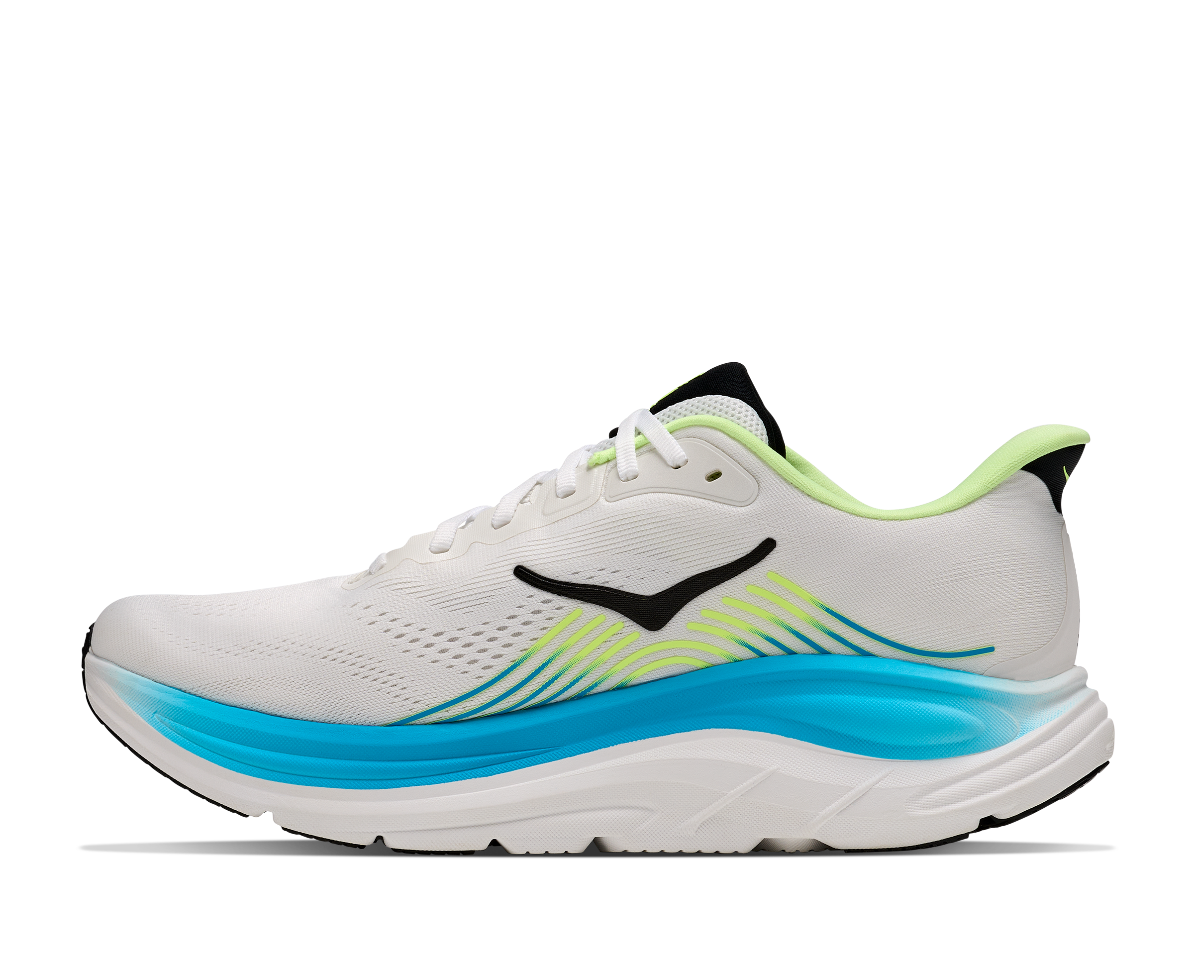 hoka clifton 11 for men, lightweight cushioned road running and walking shoes, white with lime green and blue details, inside profile