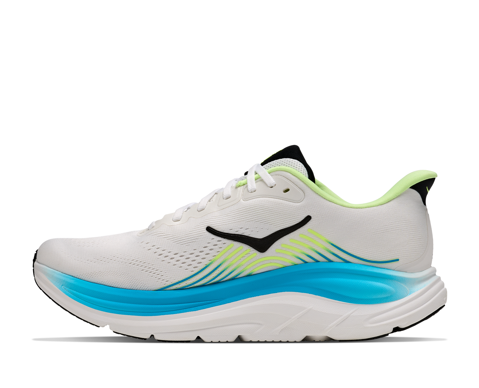 hoka clifton 11 for men, lightweight cushioned road running and walking shoes, white with lime green and blue details, inside profile