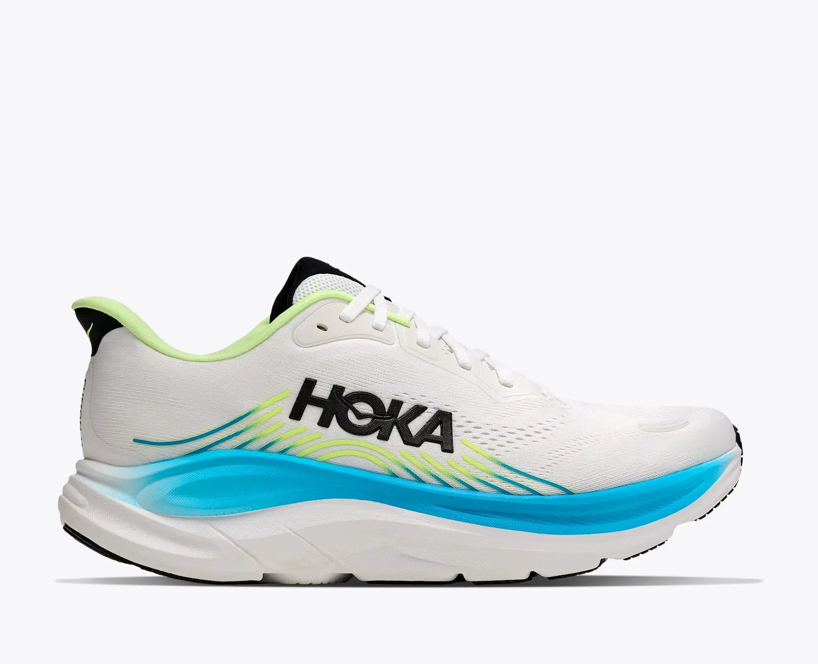 hoka clifton 11 for men, lightweight cushioned road running and walking shoes, white with lime green and blue details, side profile of shoe