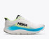 hoka clifton 11 for men, lightweight cushioned road running and walking shoes, white with lime green and blue details, side profile of shoe