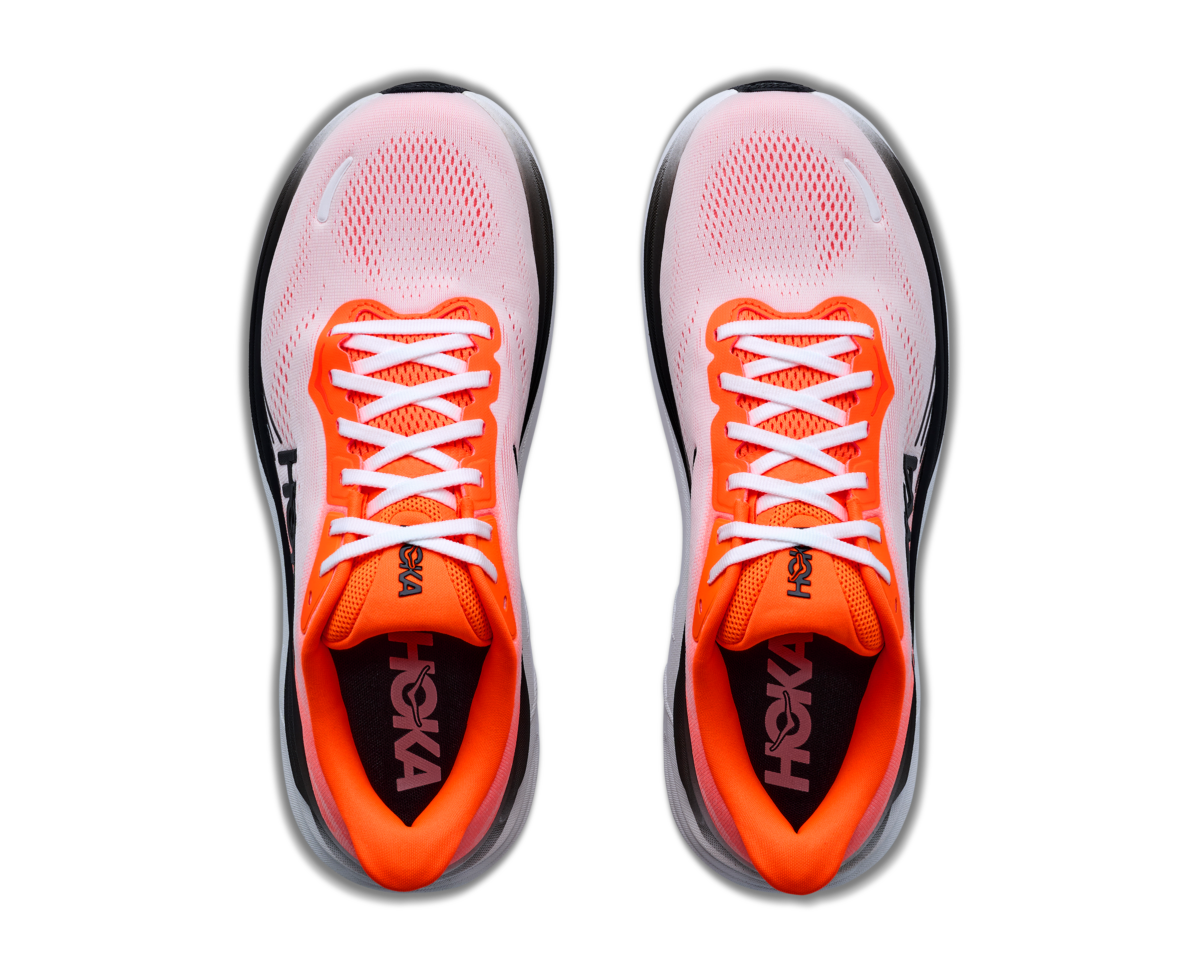 hoka clifton 11 for men, lightweight cushioned road running and walking shoes, white with bright orange and black details, overhead profile of both shoes on a white background