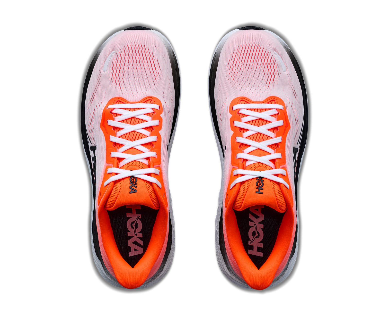hoka clifton 11 for men, lightweight cushioned road running and walking shoes, white with bright orange and black details, overhead profile of both shoes on a white background