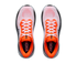 hoka clifton 11 for men, lightweight cushioned road running and walking shoes, white with bright orange and black details, overhead profile of both shoes on a white background