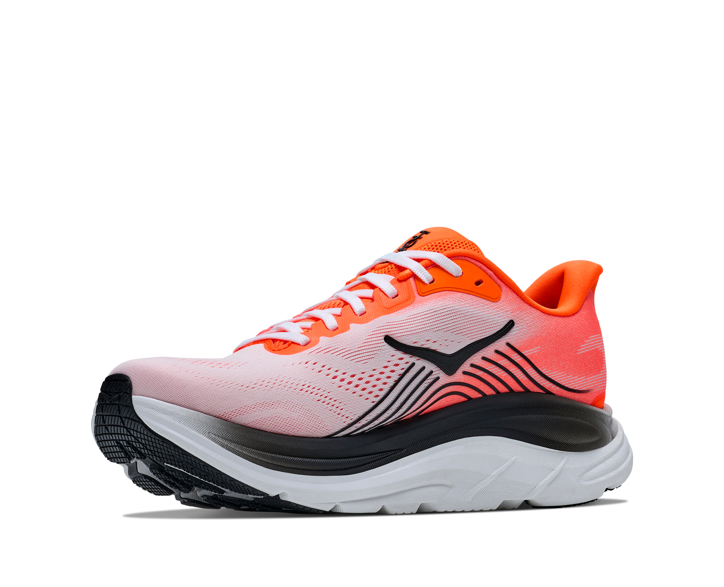 hoka clifton 11 for men, lightweight cushioned road running and walking shoes, white with bright orange and black details, side profile of shoe on a white background