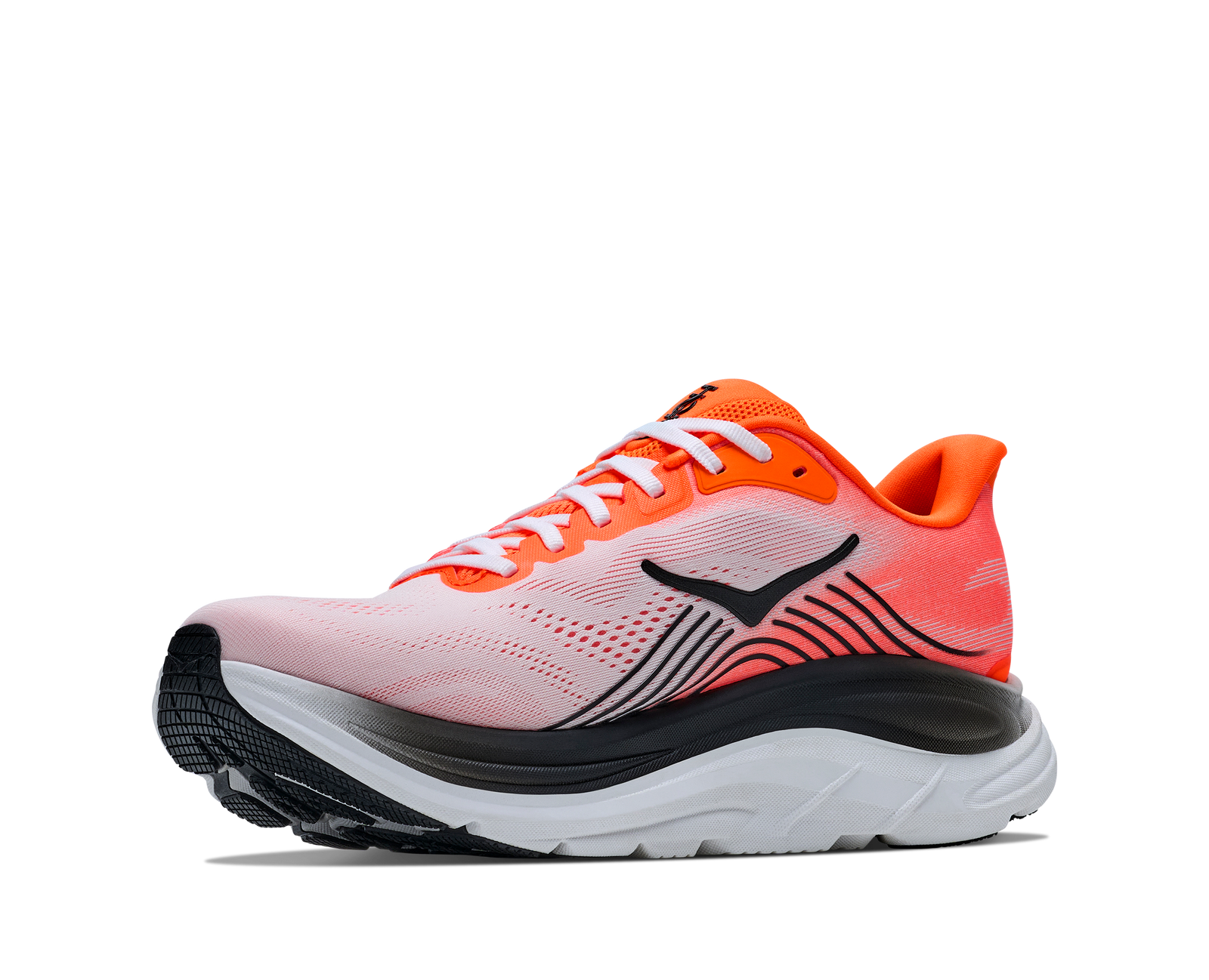 hoka clifton 11 for men, lightweight cushioned road running and walking shoes, white with bright orange and black details, side profile of shoe on a white background