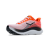 hoka clifton 11 for men, lightweight cushioned road running and walking shoes, white with bright orange and black details, side profile of shoe on a white background