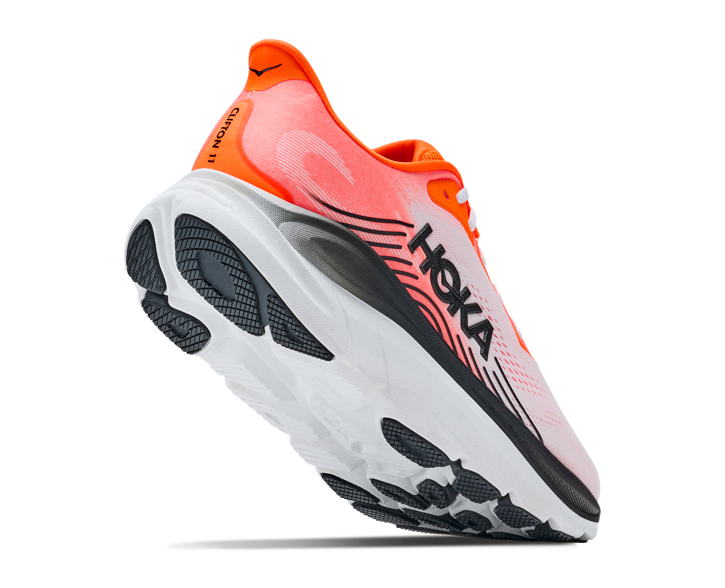 hoka clifton 11 for men, lightweight cushioned road running and walking shoes, white with bright orange and black details, side profile of shoe on a white background