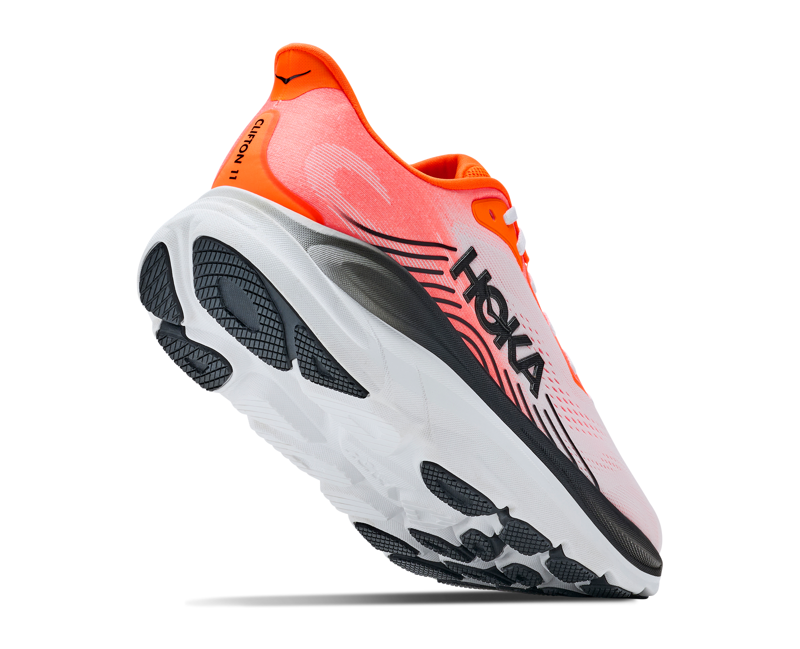 hoka clifton 11 for men, lightweight cushioned road running and walking shoes, white with bright orange and black details, side profile of shoe on a white background