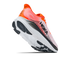 hoka clifton 11 for men, lightweight cushioned road running and walking shoes, white with bright orange and black details, side profile of shoe on a white background