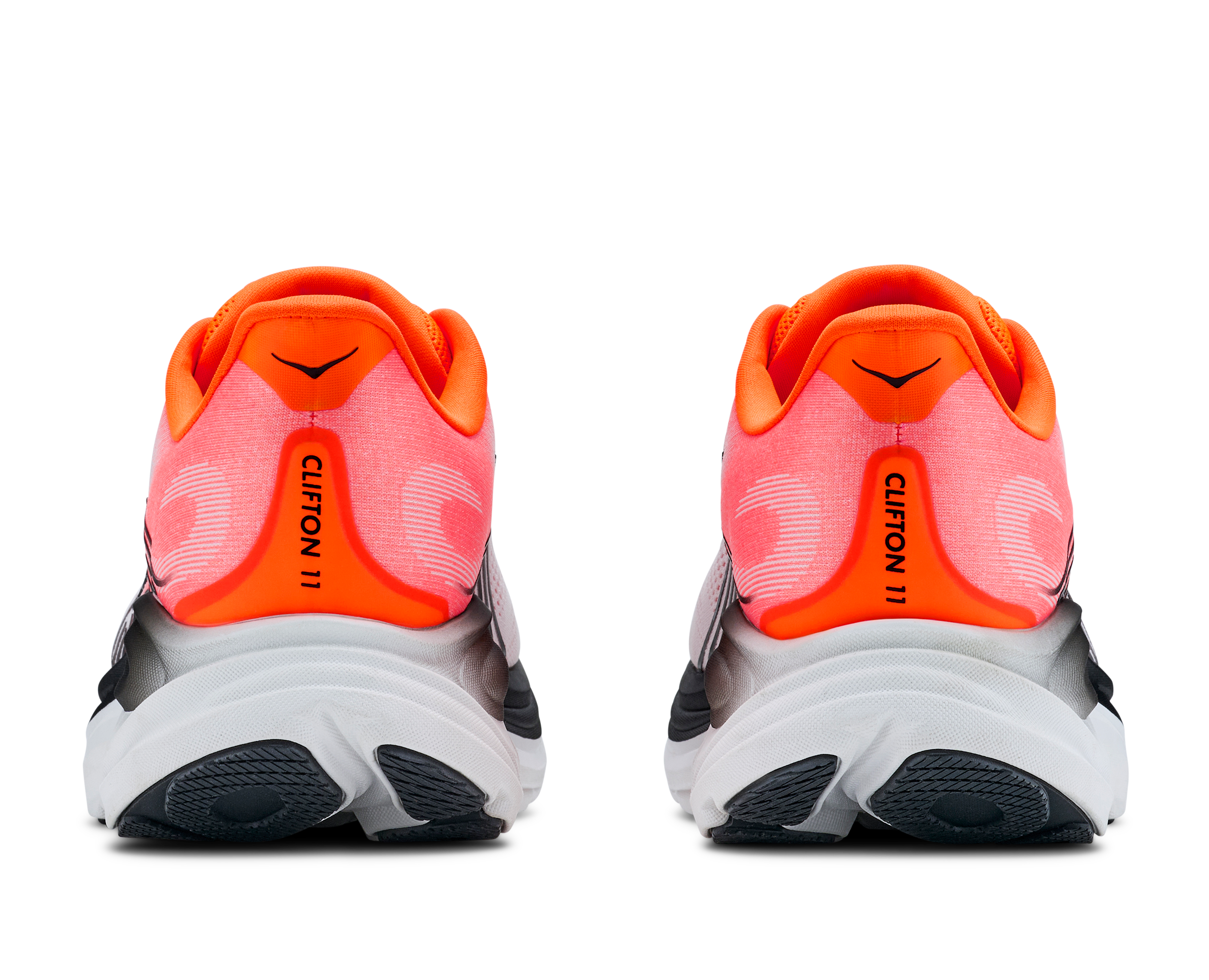 hoka clifton 11 for men, lightweight cushioned road running and walking shoes, white with bright orange and black details, back profile of both shoes on a white background