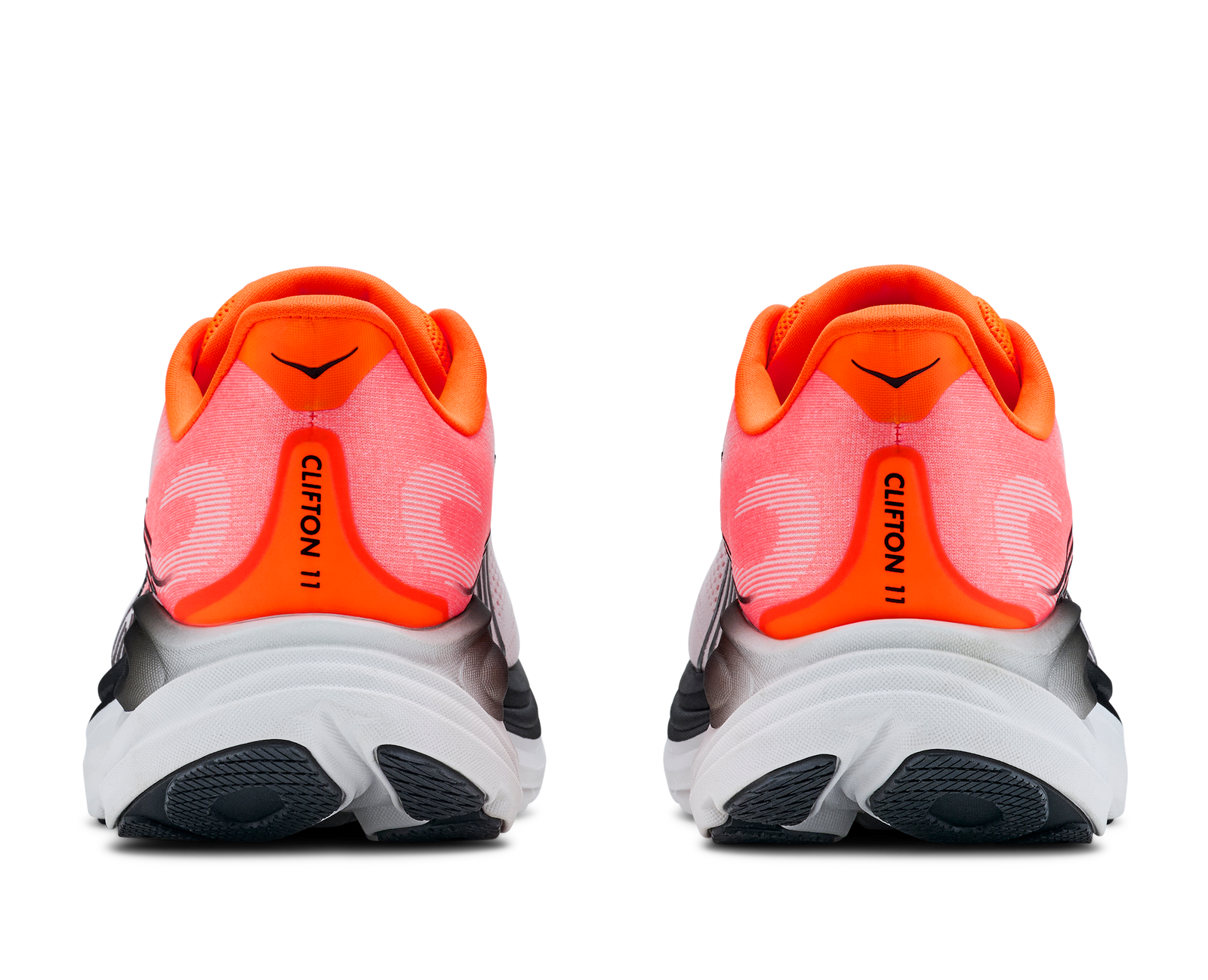 hoka clifton 11 for men, lightweight cushioned road running and walking shoes, white with bright orange and black details, back profile of both shoes on a white background