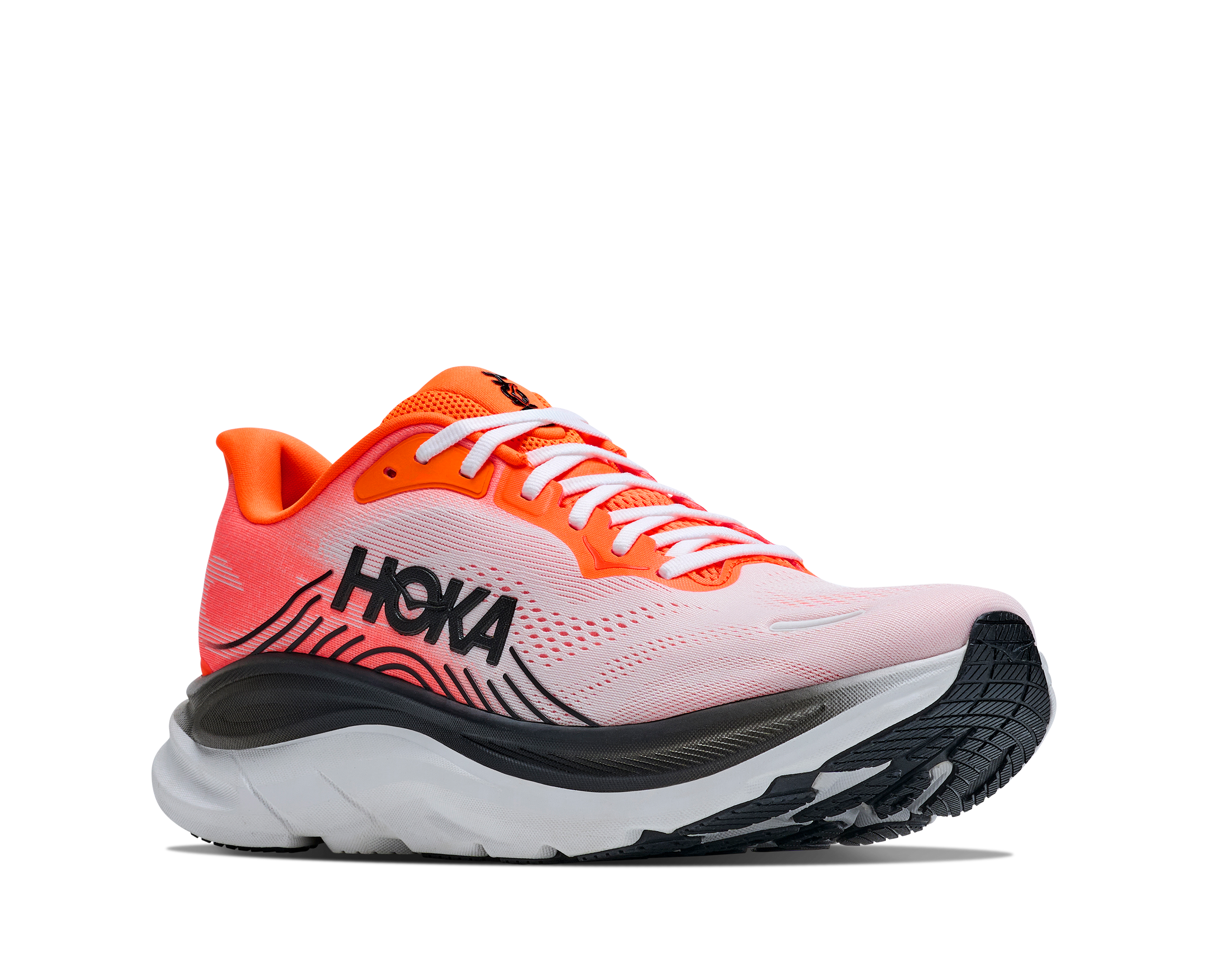 hoka clifton 11 for men, lightweight cushioned road running and walking shoes, white with bright orange and black details, side profile of shoe on a white background