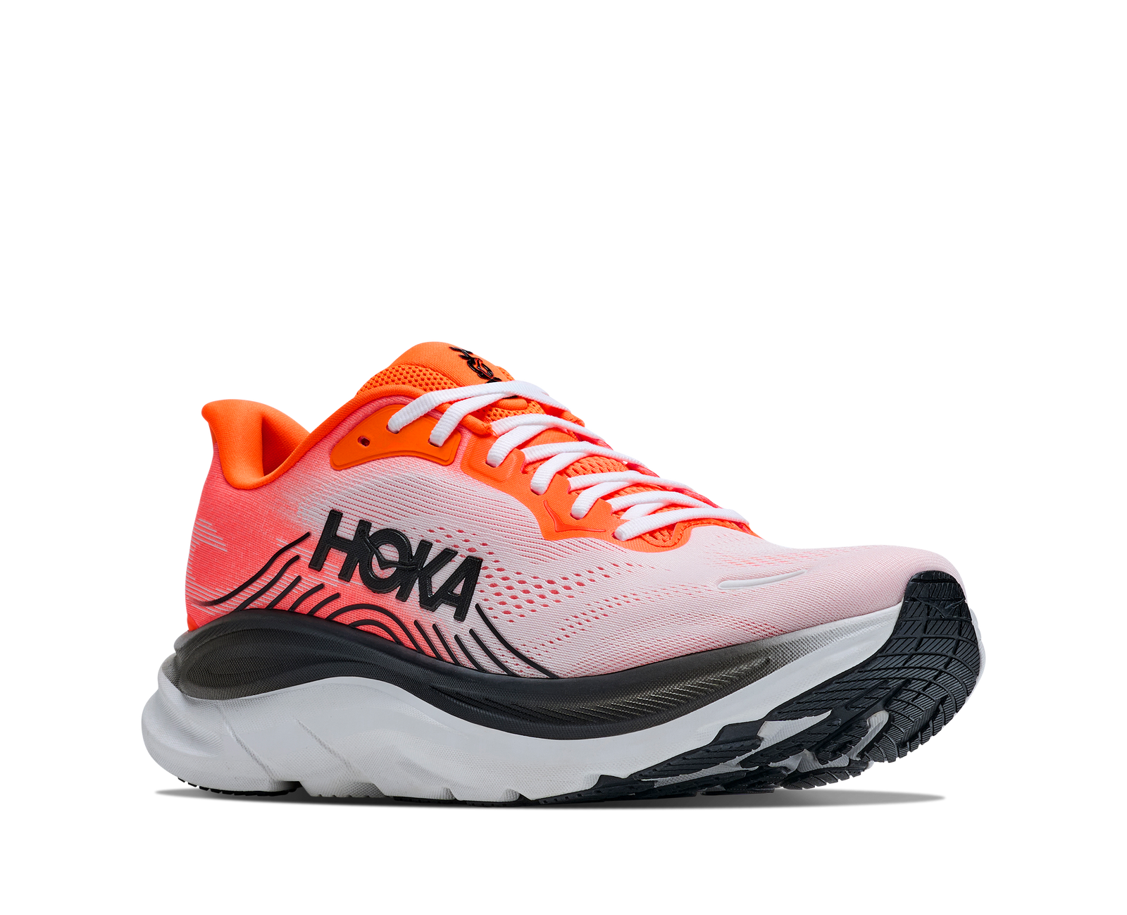 hoka clifton 11 for men, lightweight cushioned road running and walking shoes, white with bright orange and black details, side profile of shoe on a white background