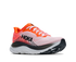 hoka clifton 11 for men, lightweight cushioned road running and walking shoes, white with bright orange and black details, side profile of shoe on a white background