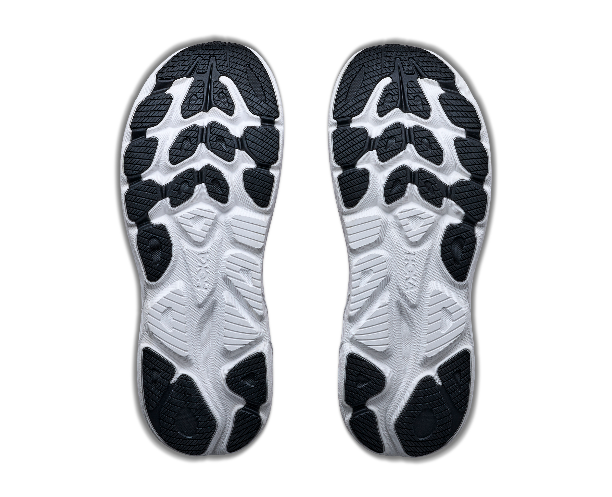  hoka clifton 11 for men, lightweight cushioned road running and walking shoes, white with bright orange and black details, profile of soles of shoe on a white background