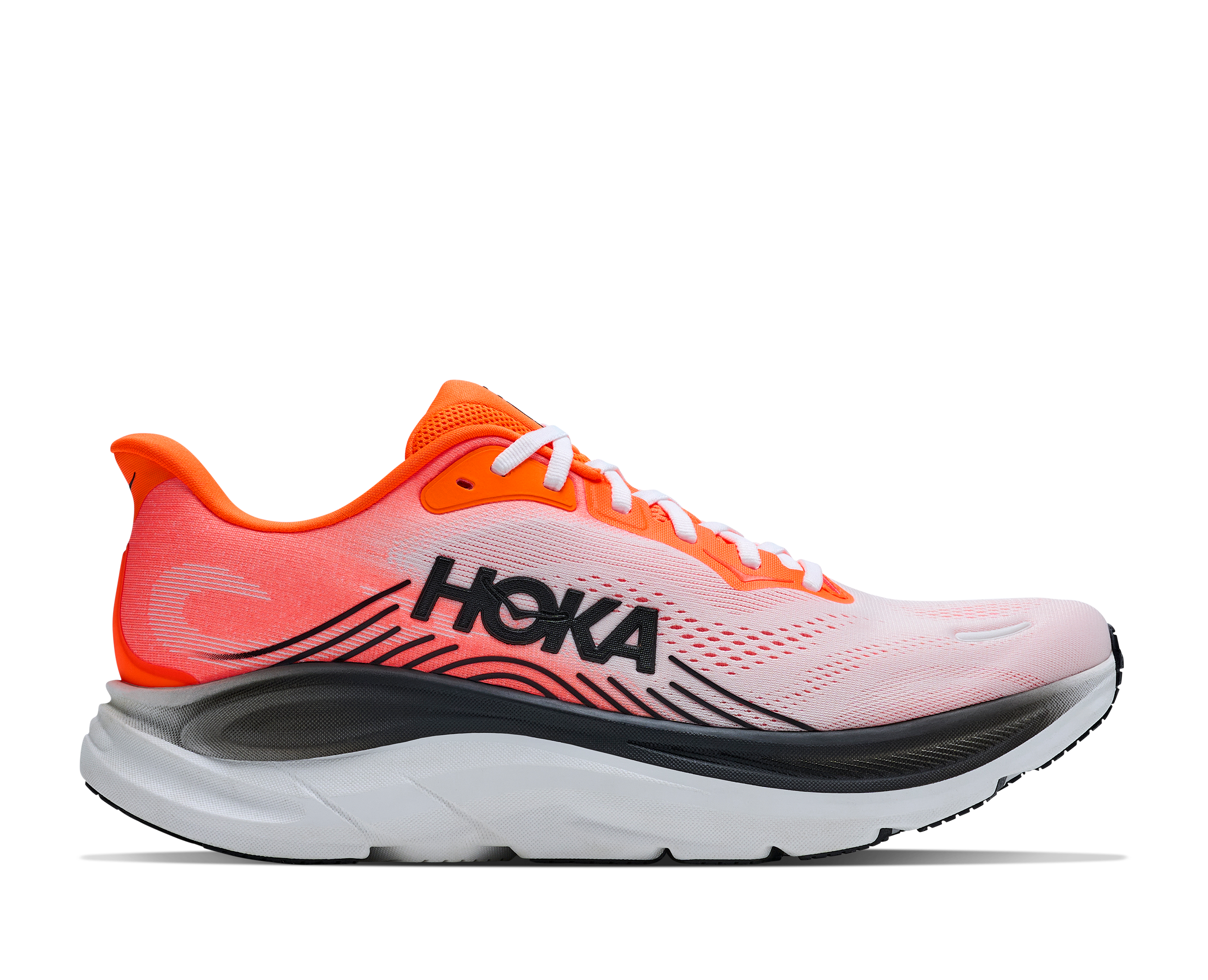 hoka clifton 11 for men, lightweight cushioned road running and walking shoes, white with bright orange and black details, side profile of shoe on a white background