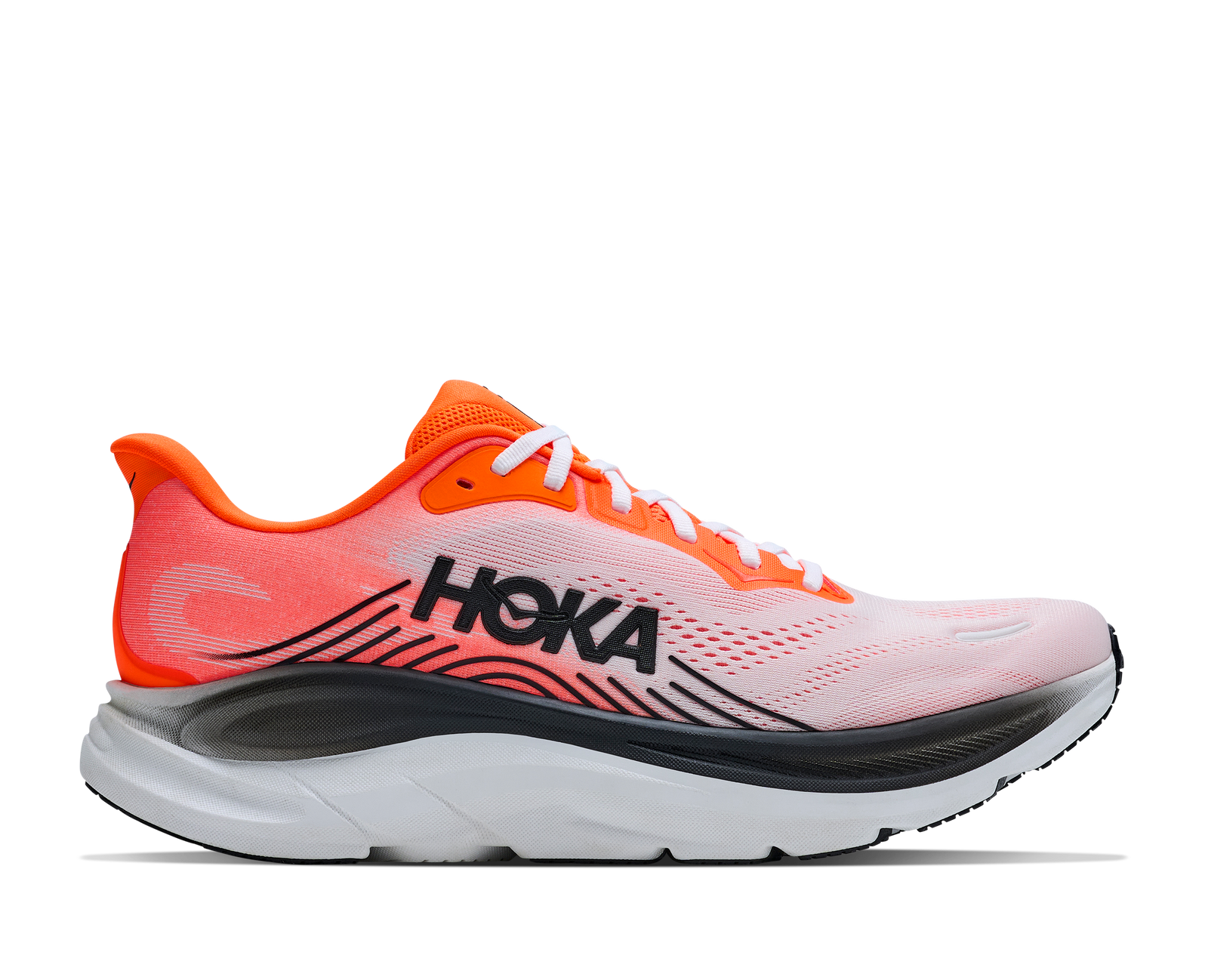 hoka clifton 11 for men, lightweight cushioned road running and walking shoes, white with bright orange and black details, side profile of shoe on a white background