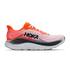 hoka clifton 11 for men, lightweight cushioned road running and walking shoes, white with bright orange and black details, side profile of shoe on a white background
