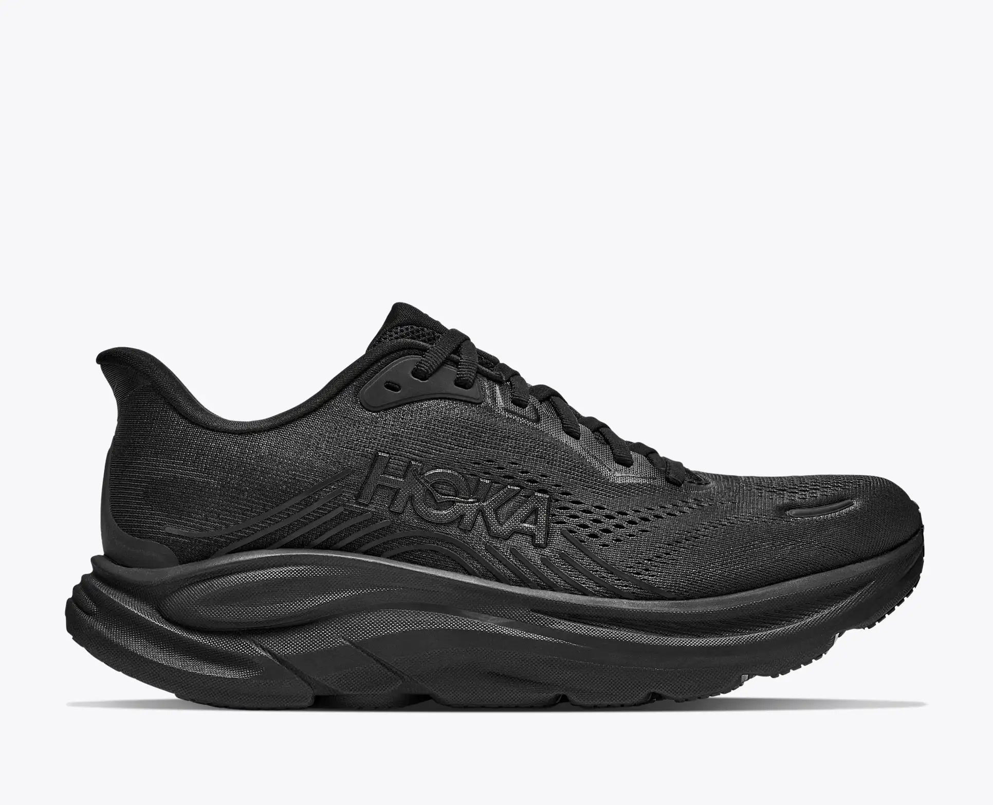 hoka clifton 11 womens, lightweight everyday road running and walking shoe, black and black, side profile of shoe