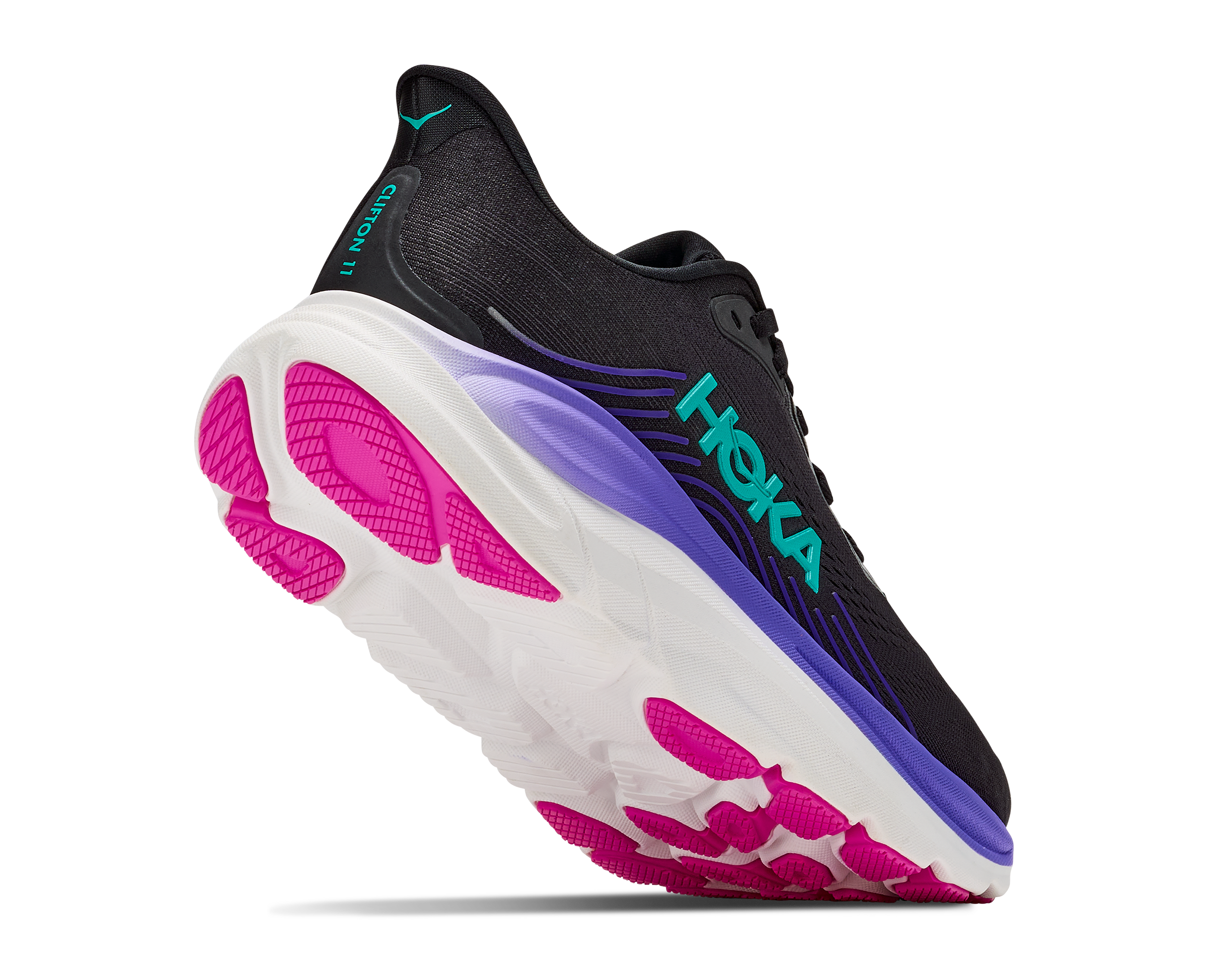 hoka clifton 11 womens, lightweight cushioned road running and walking shoe, black shoe with neon details, side profile of shoe on a white background