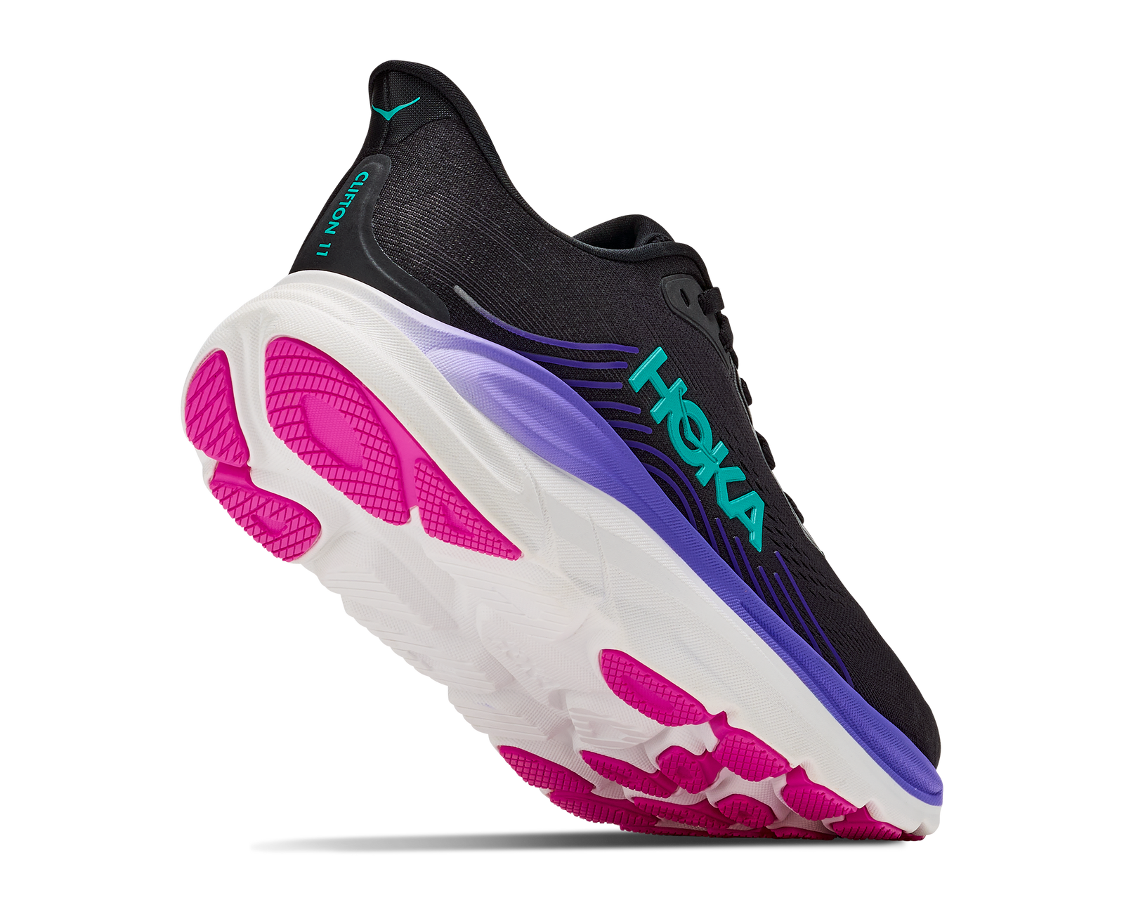 hoka clifton 11 womens, lightweight cushioned road running and walking shoe, black shoe with neon details, side profile of shoe on a white background
