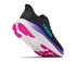 hoka clifton 11 womens, lightweight cushioned road running and walking shoe, black shoe with neon details, side profile of shoe on a white background