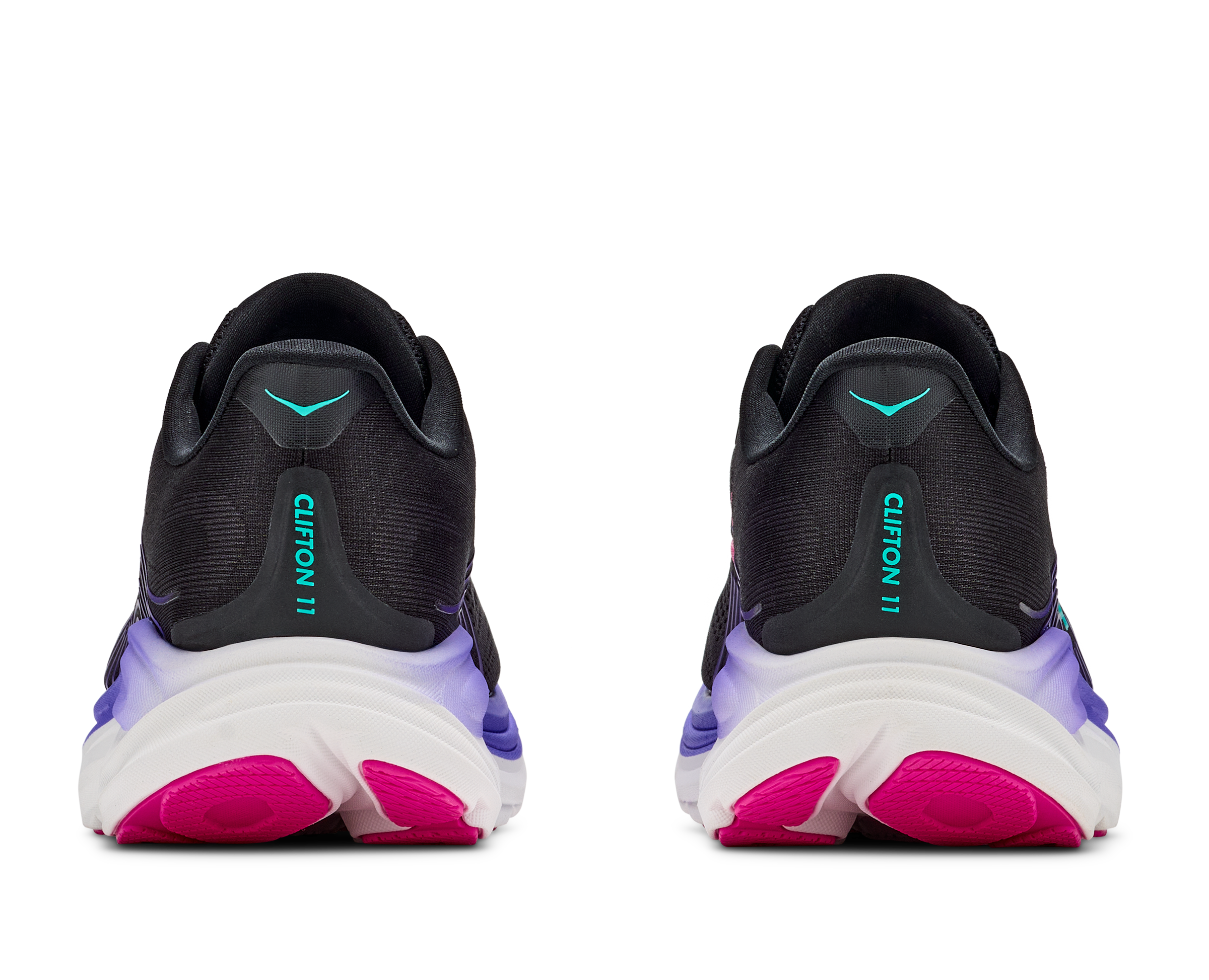 hoka clifton 11 womens, lightweight cushioned road running and walking shoe, black shoe with neon details, back profile of both shoes on a white background