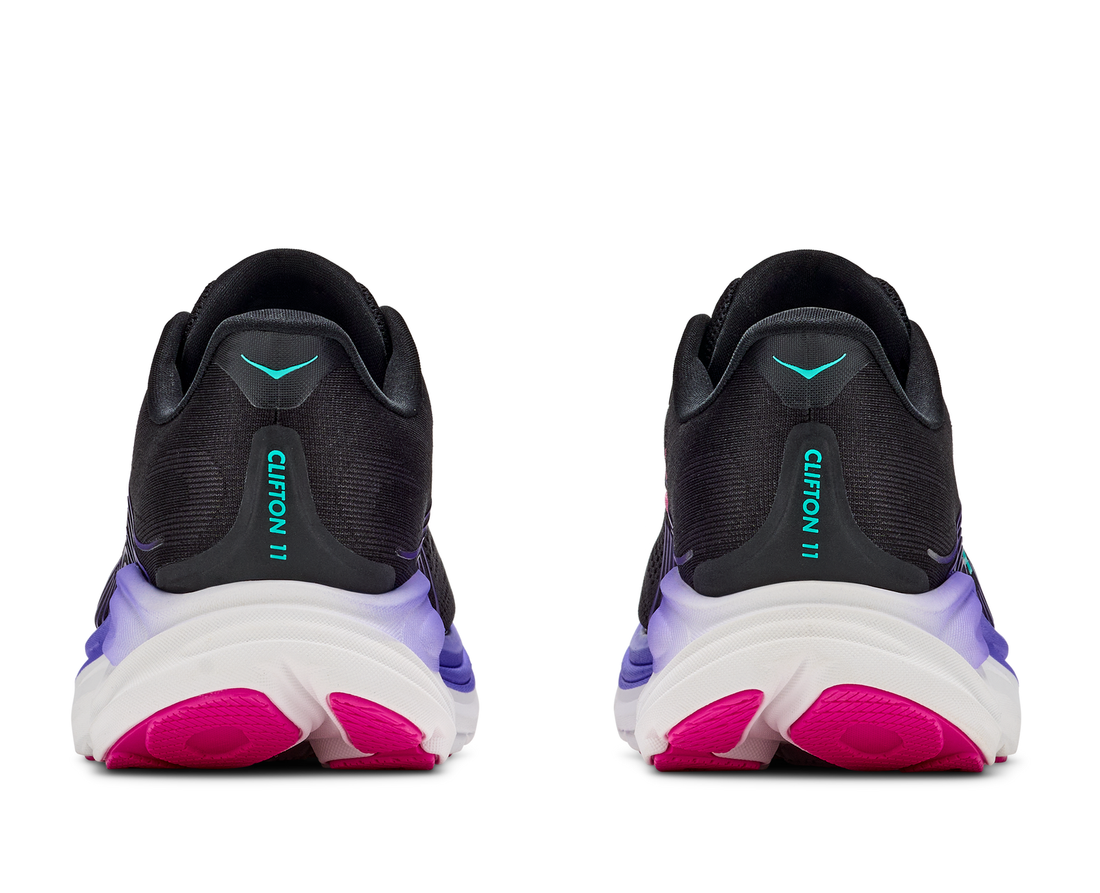 hoka clifton 11 womens, lightweight cushioned road running and walking shoe, black shoe with neon details, back profile of both shoes on a white background