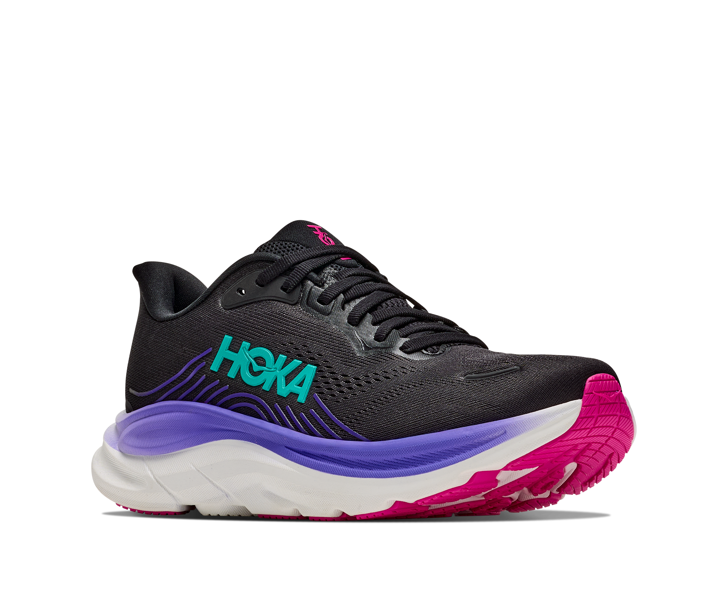 hoka clifton 11 womens, lightweight cushioned road running and walking shoe, black shoe with neon details, side profile of shoe on a white background