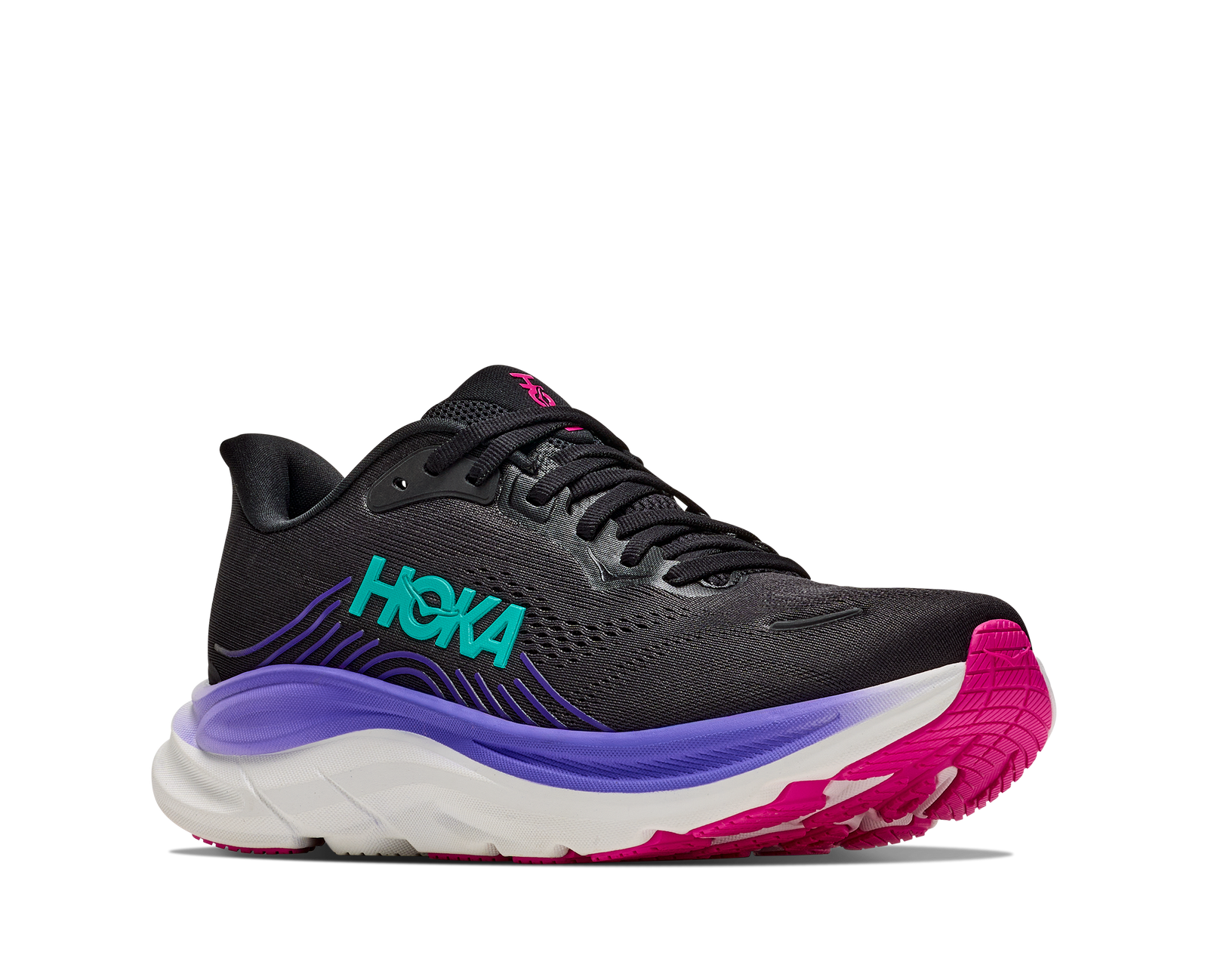 hoka clifton 11 womens, lightweight cushioned road running and walking shoe, black shoe with neon details, side profile of shoe on a white background