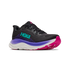 hoka clifton 11 womens, lightweight cushioned road running and walking shoe, black shoe with neon details, side profile of shoe on a white background