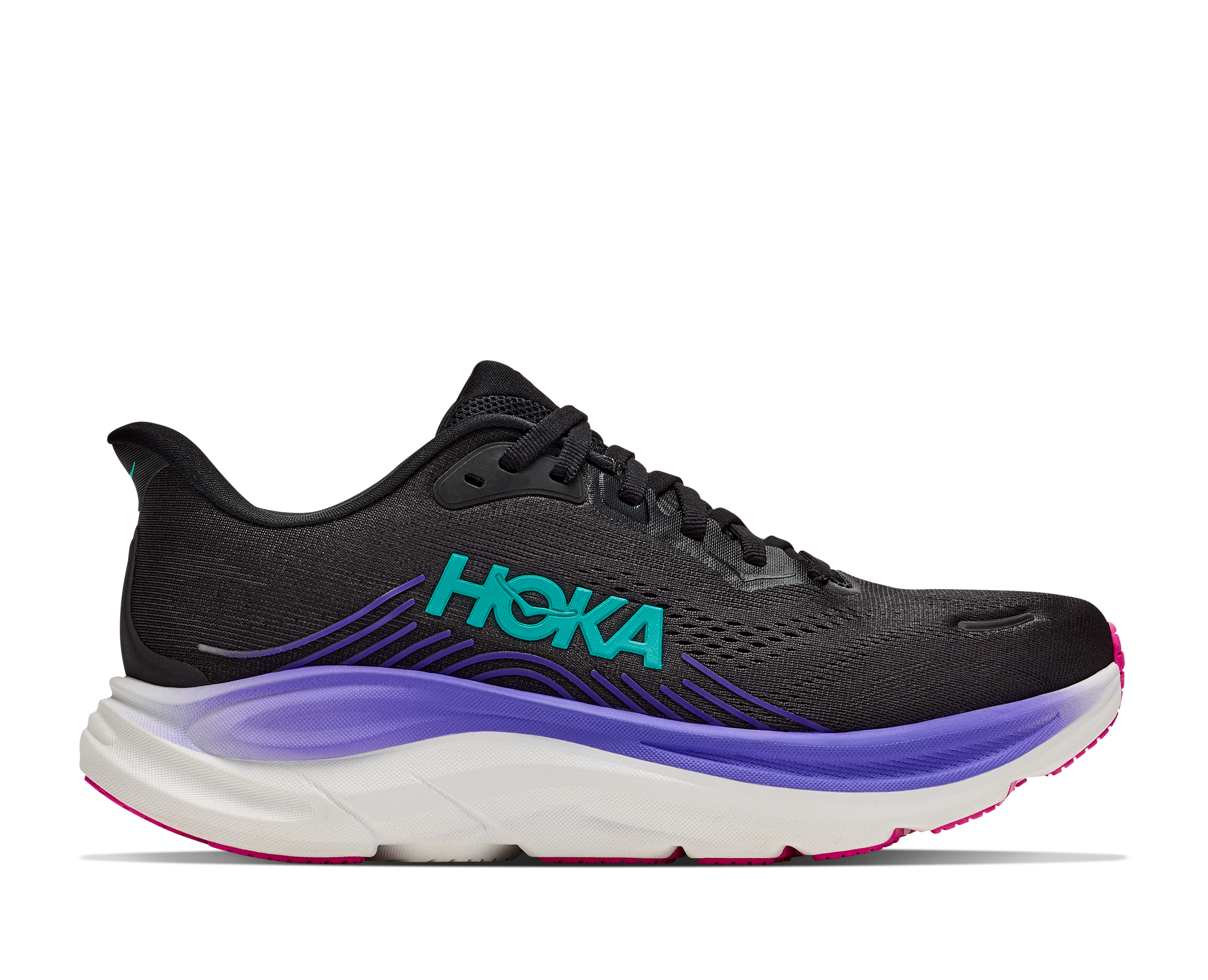 hoka clifton 11 womens, lightweight cushioned road running and walking shoe, black shoe with neon details, side profile of shoe on a white background