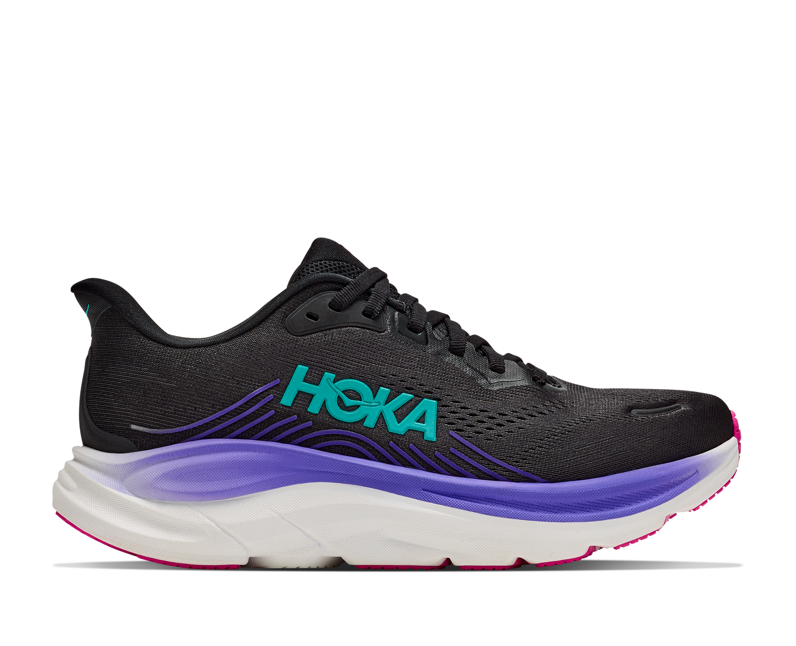 hoka clifton 11 womens, lightweight cushioned road running and walking shoe, black shoe with neon details, side profile of shoe on a white background