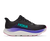 hoka clifton 11 womens, lightweight cushioned road running and walking shoe, black shoe with neon details, side profile of shoe on a white background