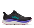 hoka clifton 11 womens, lightweight cushioned road running and walking shoe, black shoe with neon details, side profile of shoe on a white background