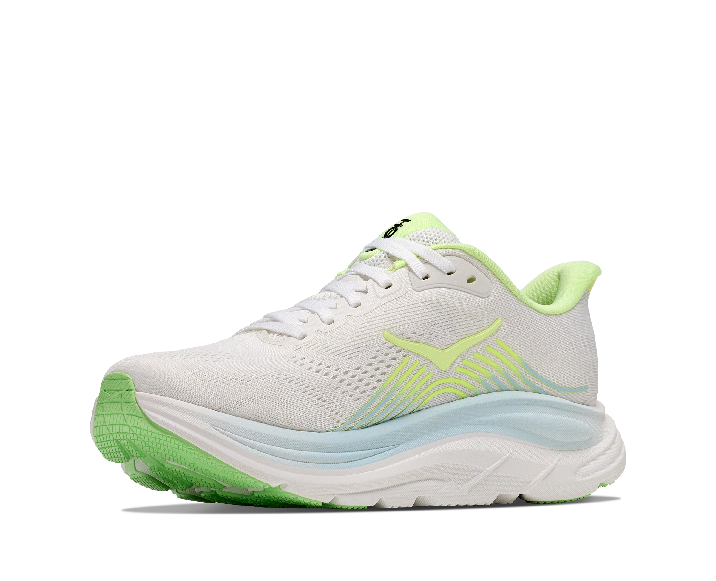 hoka clifton 11 womens, lightweight cushioned road running and walking shoe, white shoe with neon green and light blue details, inside angledprofile of shoe