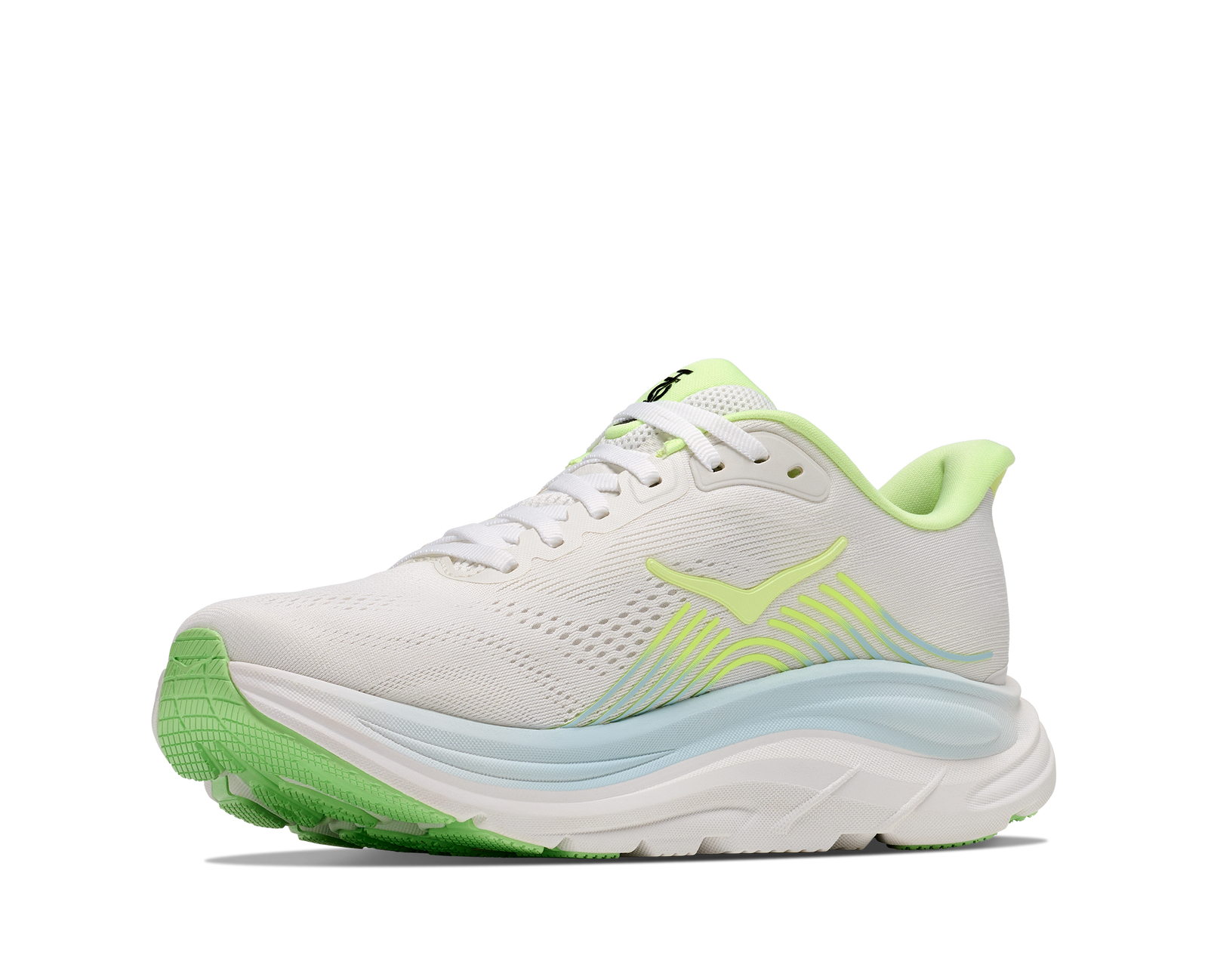 hoka clifton 11 womens, lightweight cushioned road running and walking shoe, white shoe with neon green and light blue details, inside angledprofile of shoe