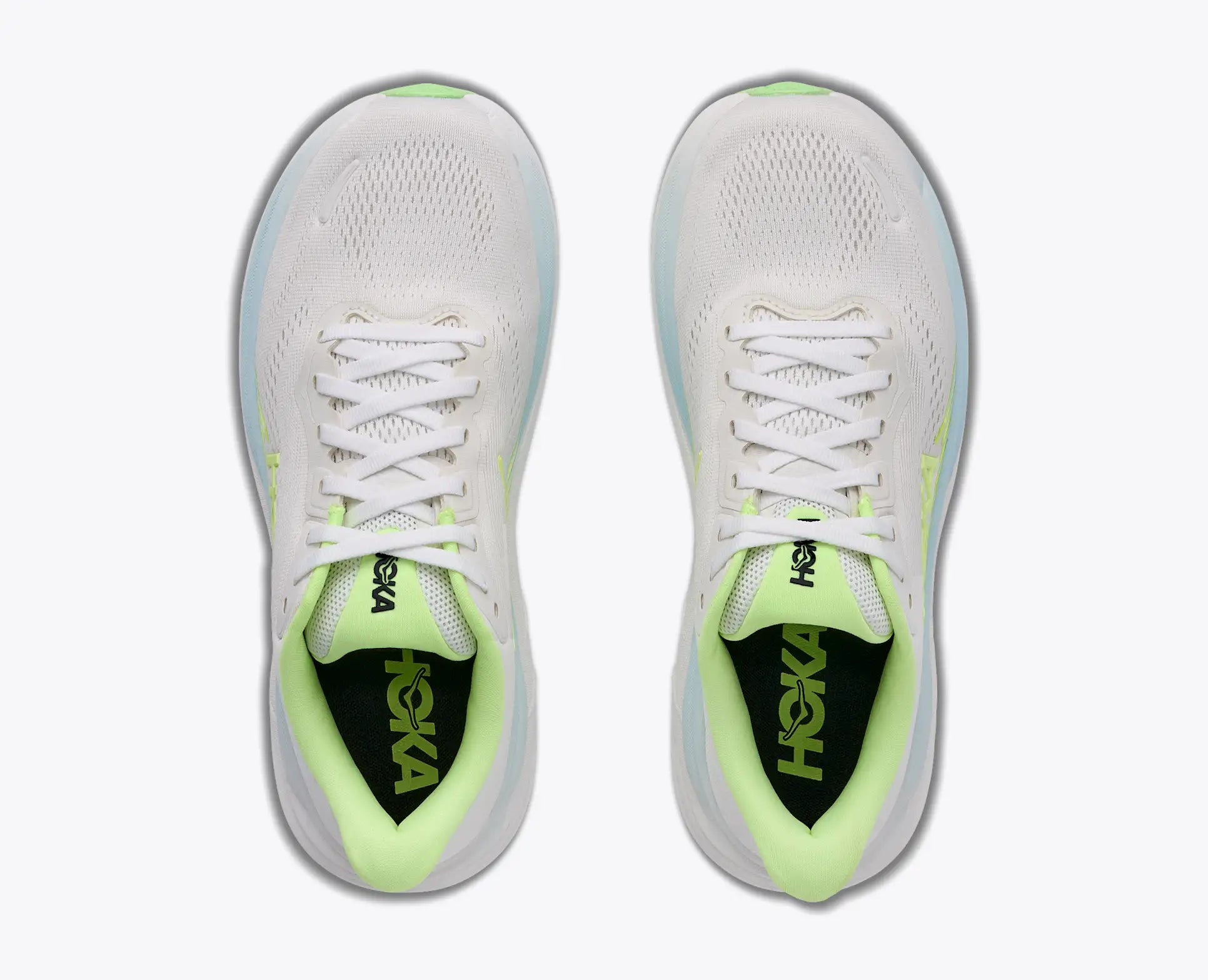 hoka clifton 11 womens, lightweight cushioned road running and walking shoe, white shoe with neon green and light blue details, shoes from above