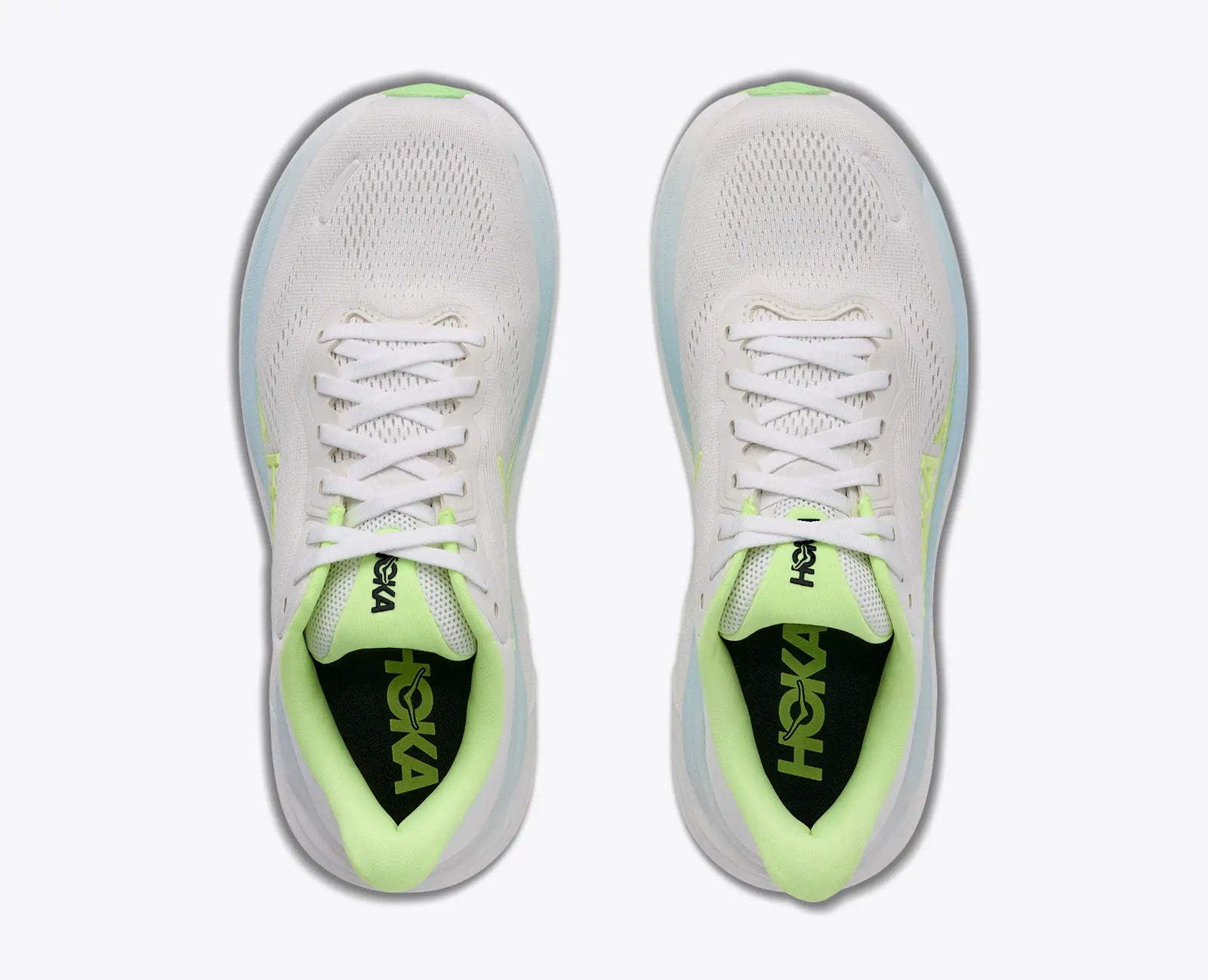 hoka clifton 11 womens, lightweight cushioned road running and walking shoe, white shoe with neon green and light blue details, shoes from above