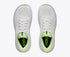 hoka clifton 11 womens, lightweight cushioned road running and walking shoe, white shoe with neon green and light blue details, shoes from above