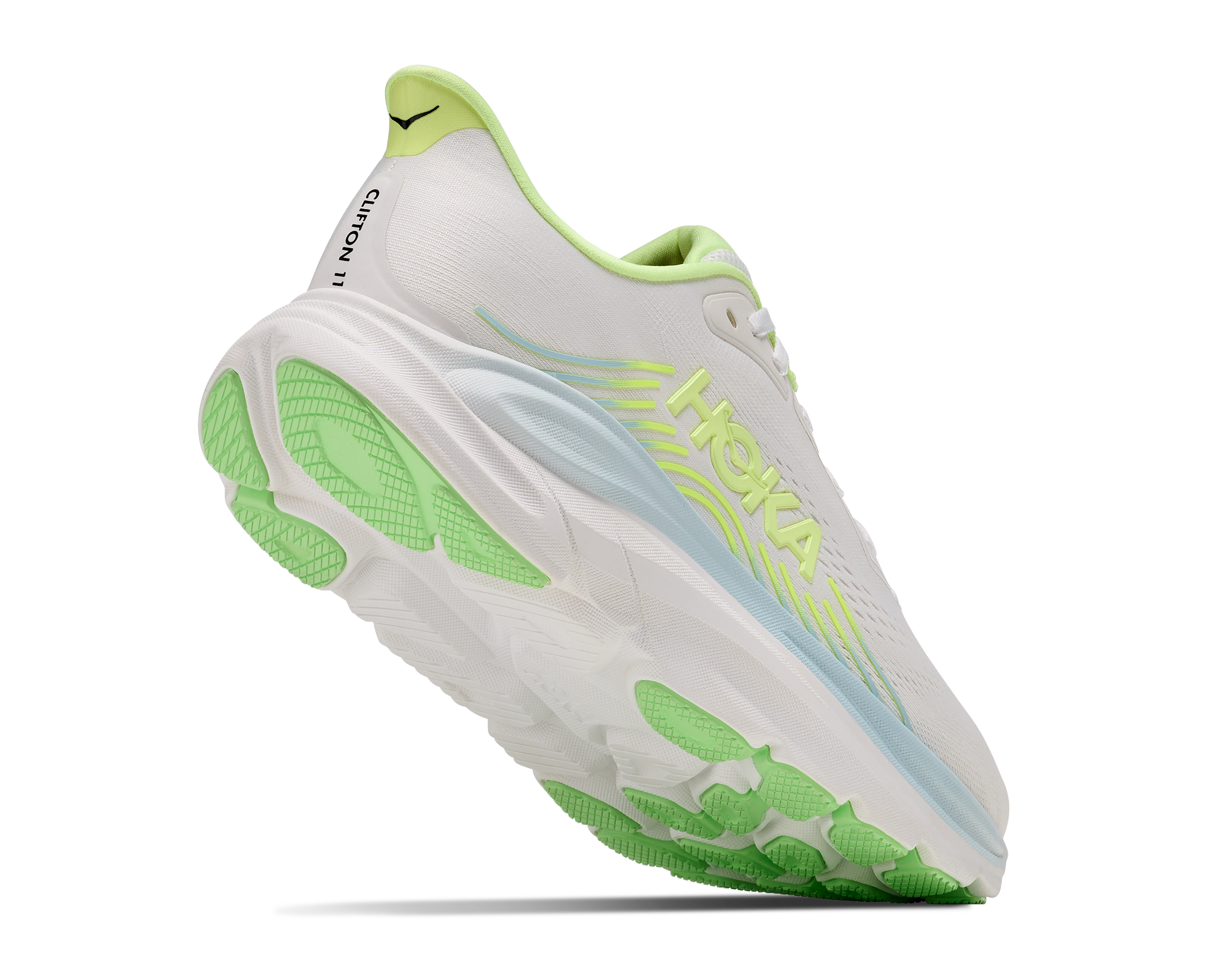 hoka clifton 11 womens, lightweight cushioned road running and walking shoe, white shoe with neon green and light blue details, lifted heel of shoe showing the sole 