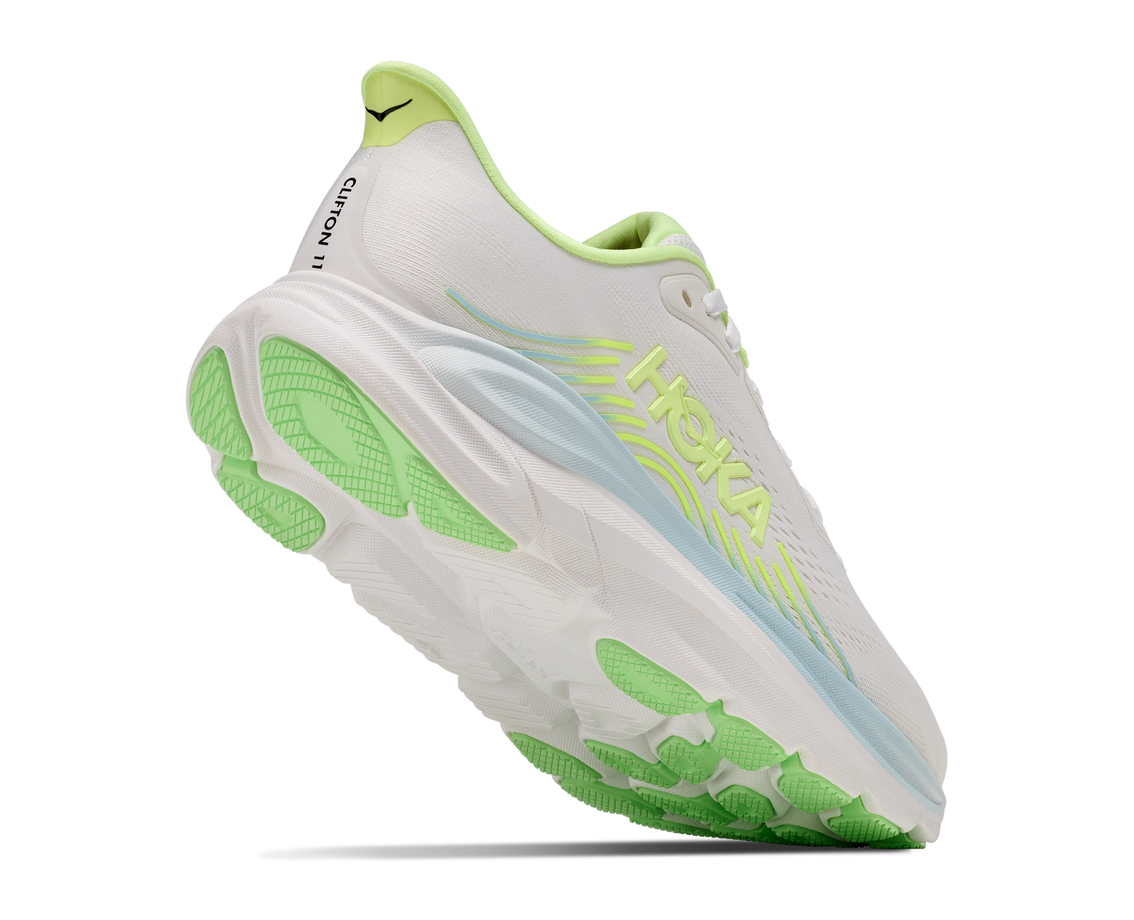 hoka clifton 11 womens, lightweight cushioned road running and walking shoe, white shoe with neon green and light blue details, lifted heel of shoe showing the sole 