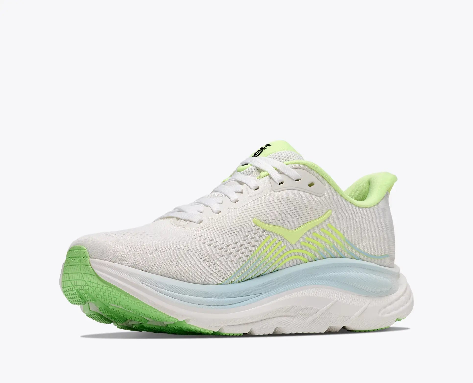 hoka clifton 11 womens, lightweight cushioned road running and walking shoe, white shoe with neon green and light blue details, inside angled profile of shoe