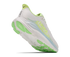 hoka clifton 11 womens, lightweight cushioned road running and walking shoe, white shoe with neon green and light blue details, lifted heel of shoe showing the sole 