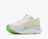 hoka clifton 11 womens, lightweight cushioned road running and walking shoe, white shoe with neon green and light blue details, inside angled profile of shoe