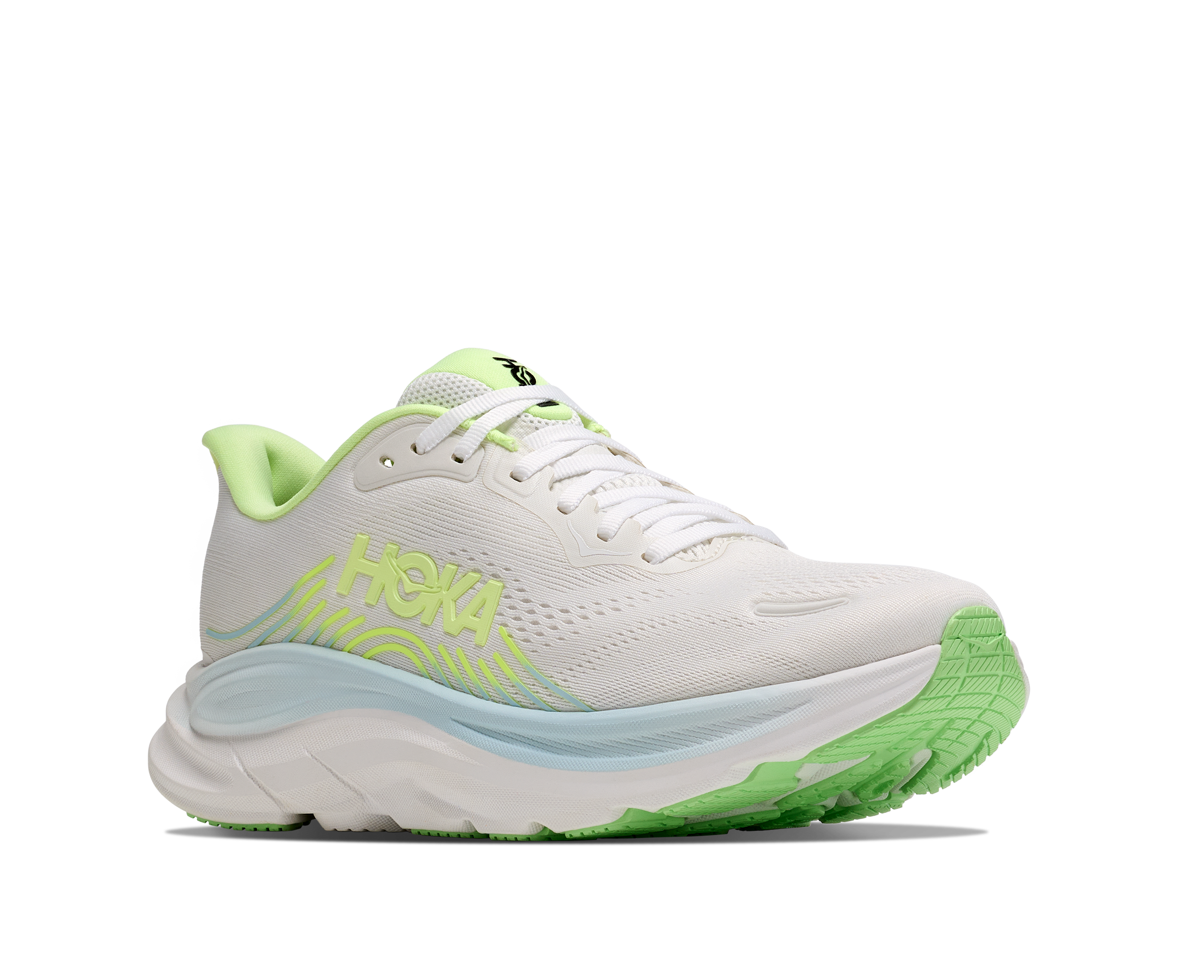 hoka clifton 11 womens, lightweight cushioned road running and walking shoe, white shoe with neon green and light blue details, side angled profile of shoe
