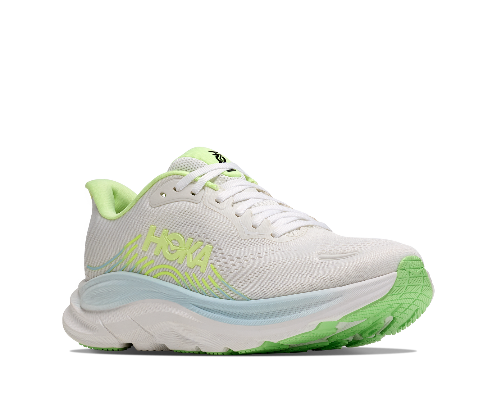 hoka clifton 11 womens, lightweight cushioned road running and walking shoe, white shoe with neon green and light blue details, side angled profile of shoe